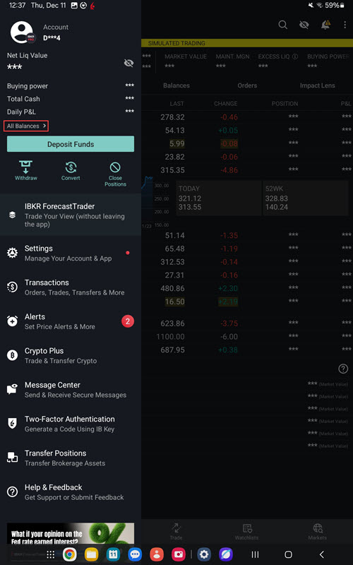 The all balances button on the Android Tablet